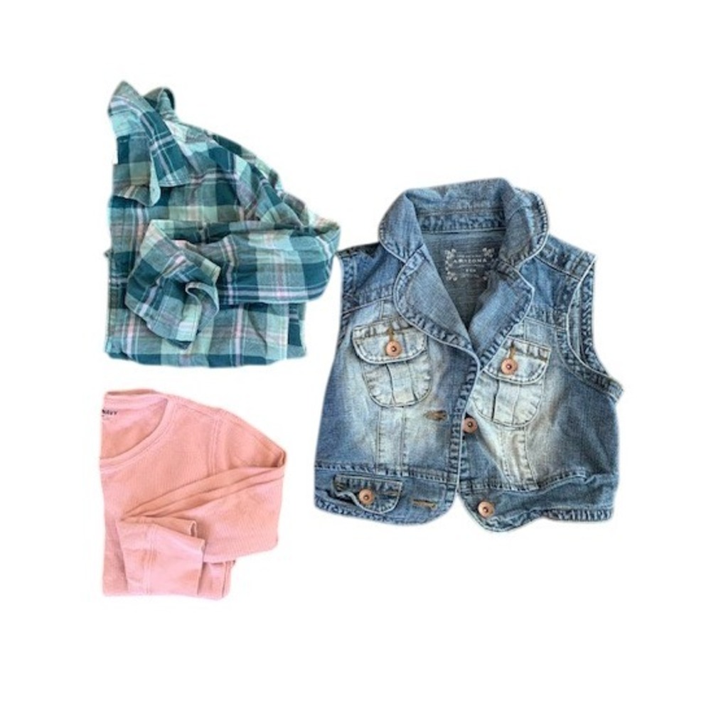 Girls Layering Bundle 3 Pcs Denim Vest, Flannel & Waffle Top Fall Outfit Set S/M